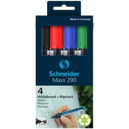 Zestaw markerów do tablic SCHNEIDER Maxx 290, 2-3mm, 4 szt., pudełko z zawieszką, mix kolorów