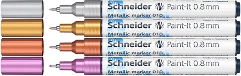 Marker akrylowy SCHNEIDER Paint-It Metallic, 0,8 mm, etui 4 szt., srebrny, złoty, miedziany, fioletowy