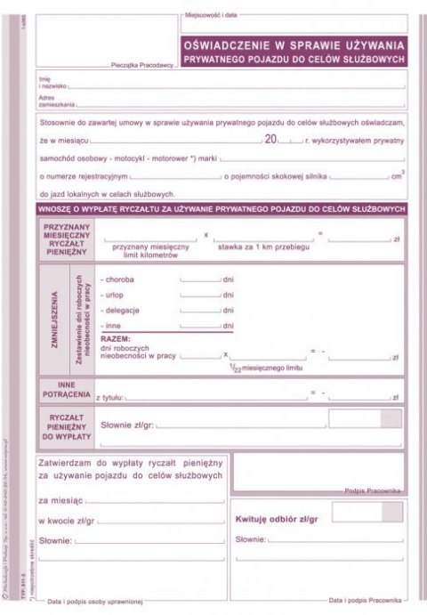 Oświadczenie w sprawie używania prywatnego pojazd do celów służbowych A5, offset 40 kartek, 10-811-3 DOTTS