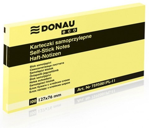 Bloczek samoprzylepny DONAU Eco, 127x76mm, 1x100 kart., jasnożółty