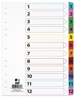 Przekładki Q-CONNECT Mylar, karton, A4, 225x297mm, 1-12, 12 kart, lam. indeks, mix kolorów