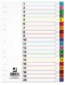 Przekładki Q-CONNECT Mylar, karton, A4, 225x297mm, 1-20, 20 kart, lam. indeks, mix kolorów