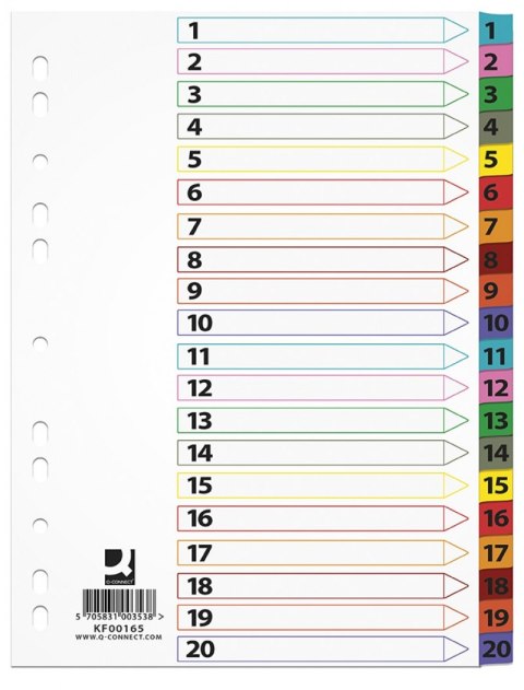 Przekładki Q-CONNECT Mylar, karton, A4, 225x297mm, 1-20, 20 kart, lam. indeks, mix kolorów