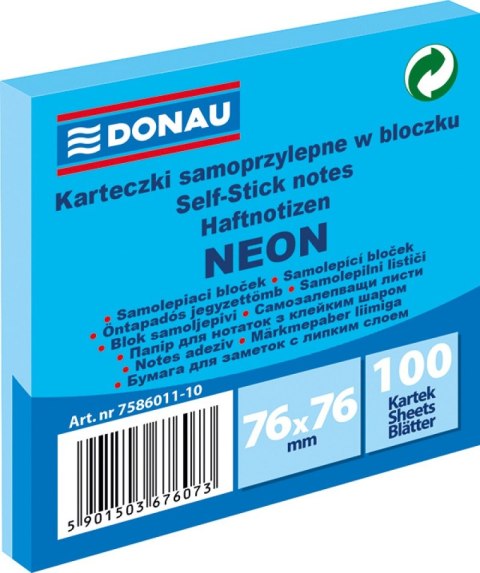 Bloczek samoprzylepny DONAU, 76x76mm, 1x100 kart., neon, niebieski