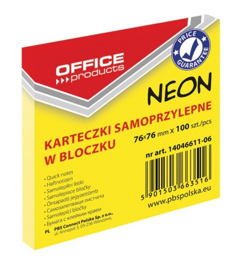 Bloczek samoprzylepny OFFICE PRODUCTS, 76x76mm, 1x100 kart., neon, żółty