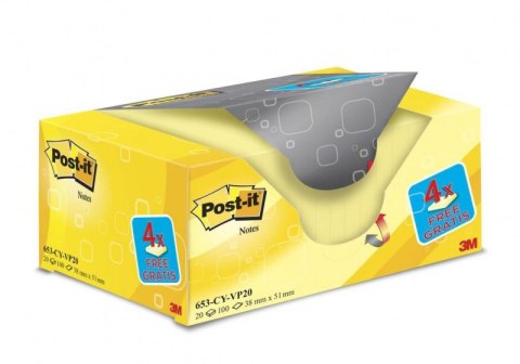 Karteczki samoprzylepne POST-IT® (653CY-VP20), 38x51mm, (16+4)x100 kart., żółte, 4 bloczki GRATIS