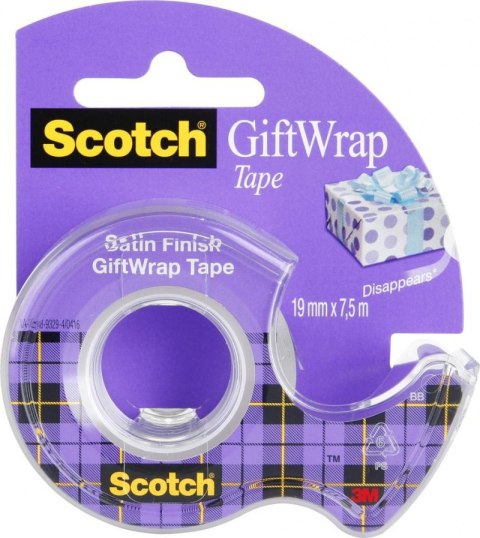 Taśma klejąca SCOTCH® Gift Wrap, do pakowania prezentów, na podajniku, 19mm, 7,5m, transparentna