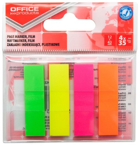 Zakładki indeksujące OFFICE PRODUCTS, PP, 12x43mm, 4x35 kart., zawieszka, mix kolorów neon