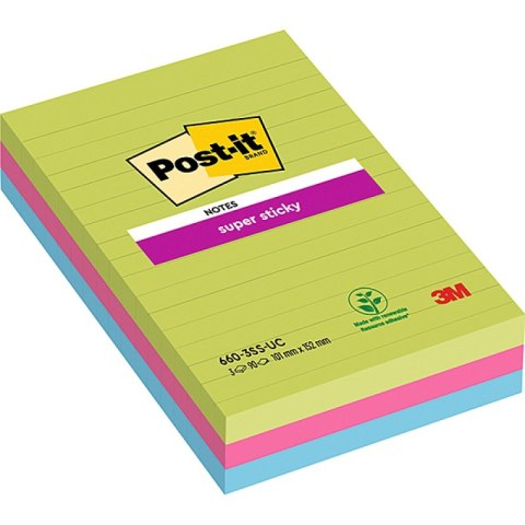 Karteczki samoprzylepne POST-IT® Super Sticky w linie (660 - 3 SSUC), 102x152mm, 3x90 kart., neonowe