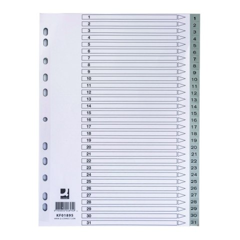 Przekładki Q-CONNECT, PP, A4, 225x297mm, 1-31, 31 kart, szare