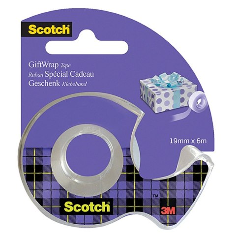 Taśma klejąca SCOTCH® Gift Wrap, niewidoczna, do pakowania, na podajniku, 19mmx6m