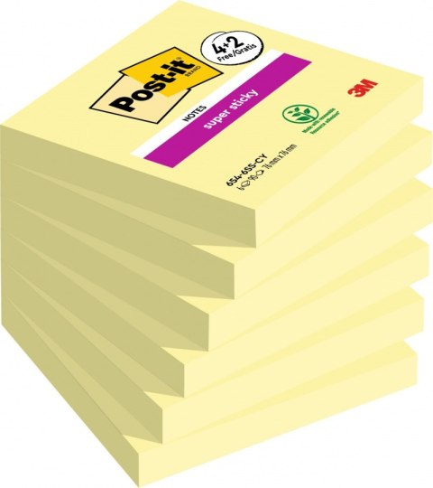 Karteczki samoprzylepne POST-IT® Super Sticky (654-P6SSCY-EU), 76x76mm, 4+2x90 kart., żółte, 2 bloczki GRATIS