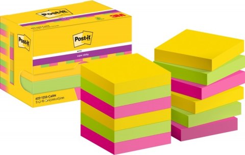 Karteczki samoprzylepne POST-IT® Super Sticky, 47,6x47,6mm, 12x90 kart., paleta Carnival