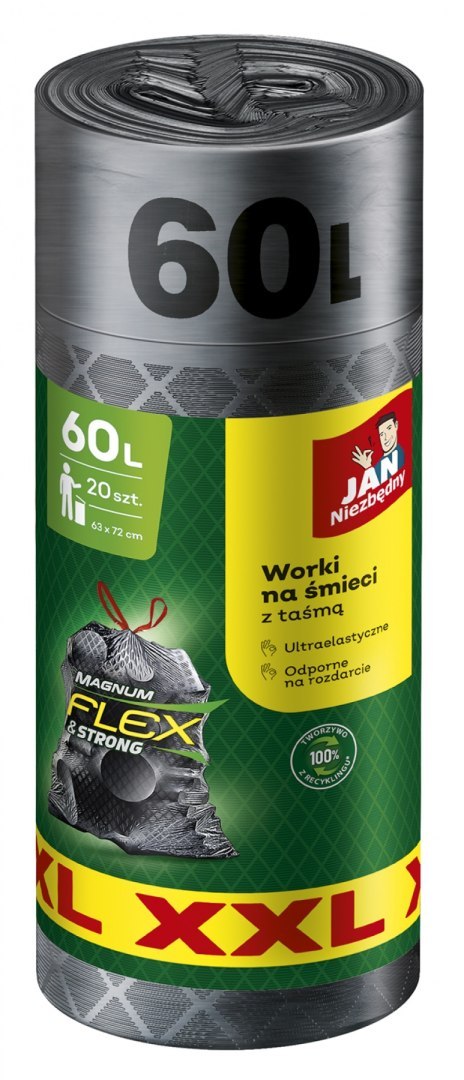 Worki na śmieci JAN NIEZBĘDNY, magnum flex, z taśmą, 60l, 20szt., szare