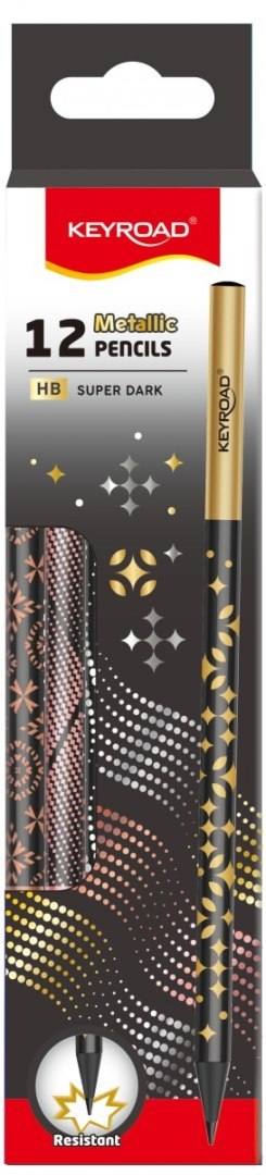 Ołówek KEYROAD Metallic, okrągły, czarne drewno, 12 szt., holograficzne wzory