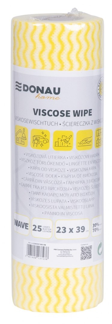 Ścierka DONAU HOME, z wiskozą 70%, rolka, fala, 23x39cm, 25 listków, żółta