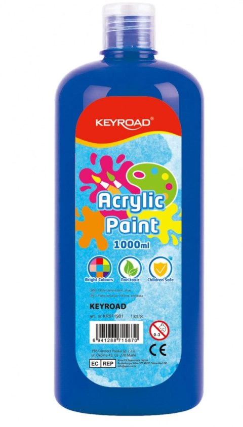 Farba akrylowa KEYROAD, 1000ml, butelka, niebieska