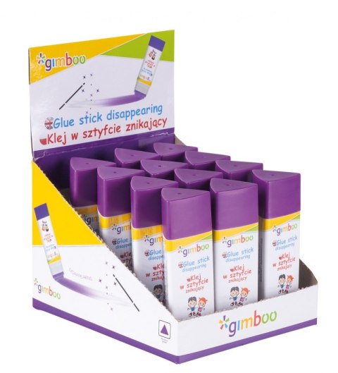 Klej w sztyfcie GIMBOO, PVP, trójkątny, znikający, 15g, 1 szt., pakowany w displayu, fioletowy