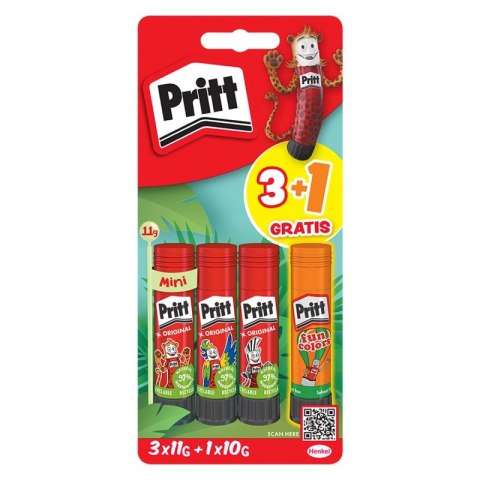 Klej w sztyfcie PRITT, 3x11g + 1x10g neon, blister, mix kolorów