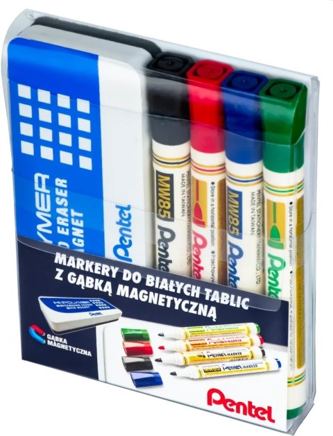 Marker suchościeralny do białych tablic PENTEL komplet 4szt w etui + gąbka MW85-ST4ABCDPL