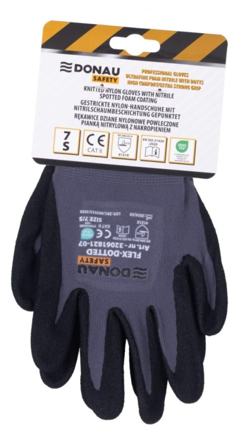 Rękawice DONAU SAFETY Flex-Dotted, kat. II, rozm. 7, szare