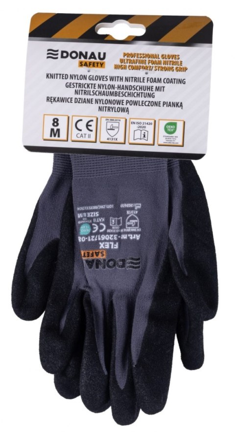 Rękawice DONAU SAFETY Flex, kat. II, rozm. 8, szare