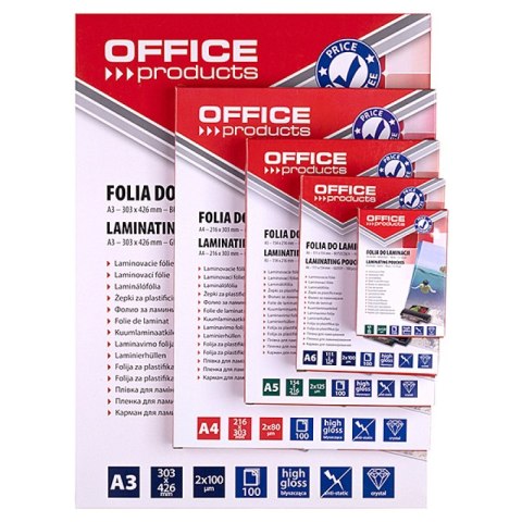 Folia do laminowania OFFICE PRODUCTS, A5, 2x80mikr., błyszcząca, 100szt., transparentna