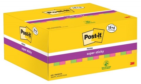 Karteczki samoprzylepne POST-IT® Super Sticky (622-P24SSCOL), 47,6x47,6mm, 18+6x90 kart., mix kolorów, GRATIS