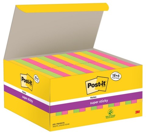Karteczki samoprzylepne POST-IT® Super Sticky (622-P24SSCOL), 47,6x47,6mm, 18+6x90 kart., mix kolorów, GRATIS