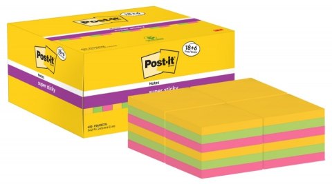 Karteczki samoprzylepne POST-IT® Super Sticky (622-P24SSCOL), 47,6x47,6mm, 18+6x90 kart., mix kolorów, GRATIS