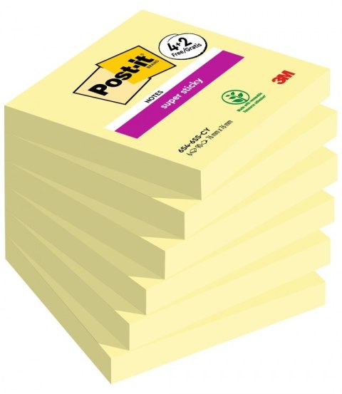 Karteczki samoprzylepne POST-IT® Super Sticky (654-P6SSCY-EU), 76x76mm, 90 kart./bloczek, 4 + 2 bloczki GRATIS, kanarkowo żółte