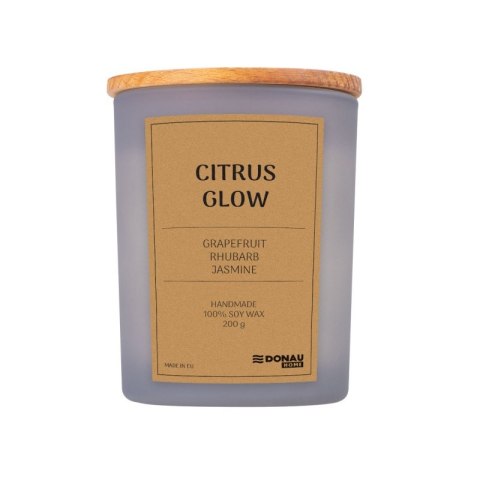 Świeca sojowa DONAU HOME, w szarym szkle, drewniana pokrywa i knot, Citrus Glow, 200g