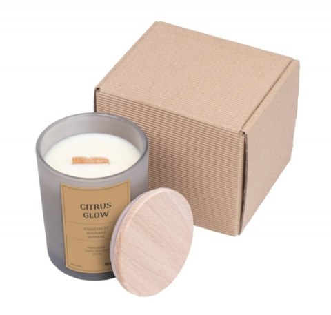 Świeca sojowa DONAU HOME, w szarym szkle, drewniana pokrywa i knot, Citrus Glow, 200g