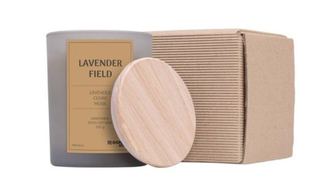 Świeca sojowa DONAU HOME, w szarym szkle, drewniana pokrywa i knot, Lavender Field, 200g