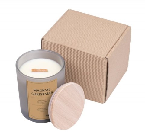 Świeca sojowa DONAU HOME, w szarym szkle, drewniana pokrywa i knot, Magia Świąt, 200g