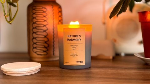 Świeca sojowa DONAU HOME, w szarym szkle, drewniana pokrywa i knot, Nature's Harmony, 200g