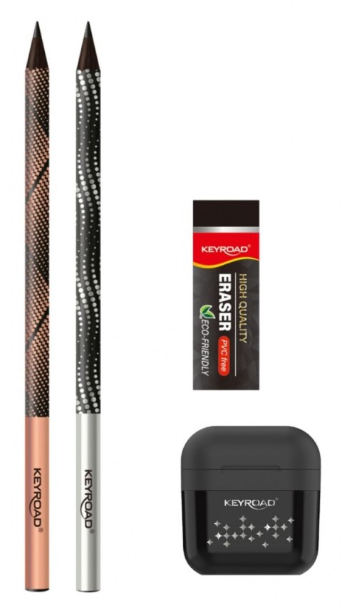 Zestaw szkolny KEYROAD Black Pencil Set, 2x czarny ołówek + gumka + temperówka, blister, czarny