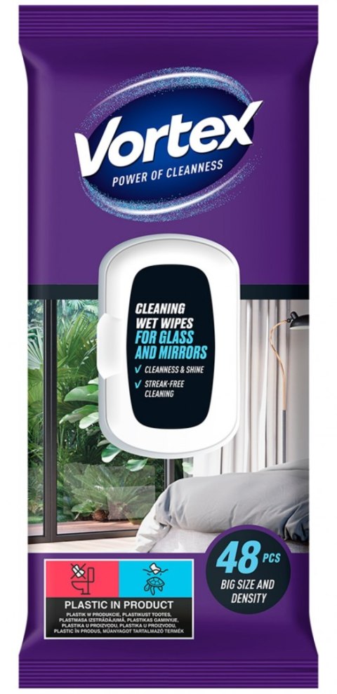 Chusteczki nawilżane VORTEX, do szyb i luster, z klapką, 48 szt.