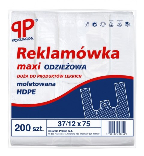 Reklamówka SARANTIS, HDPE, HD maxi odzieżowa, 37/12/75 cm, 12 mikr., 200 szt., biała