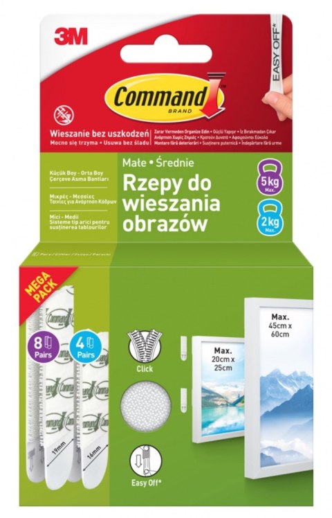 Rzepy COMMAND™ (17203WHI-12-PTGR-VP), do wieszania obrazów, małe i średnie, zestaw 4+8 par (24 rzepy), białe