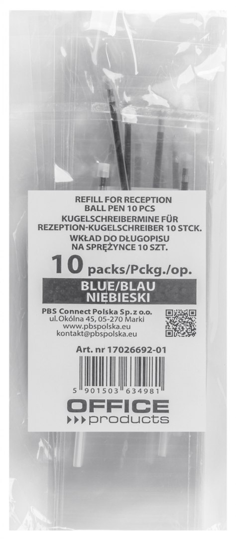 Wkład do długopisu OFFICE PRODUCTS, do długopisów na sprężynce i na łańcuszku, 10 szt., niebieski