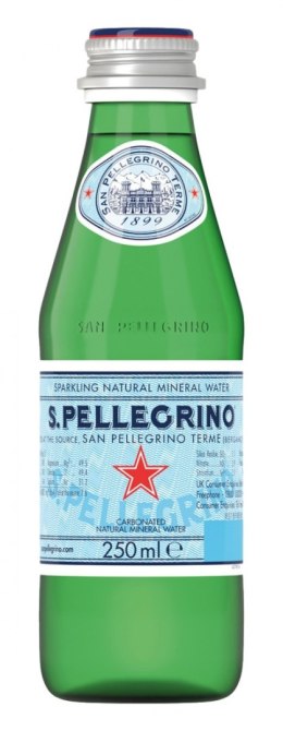 WodaS.PELLEGRINO, delikatny gaz, butelka szklana, 0,25l