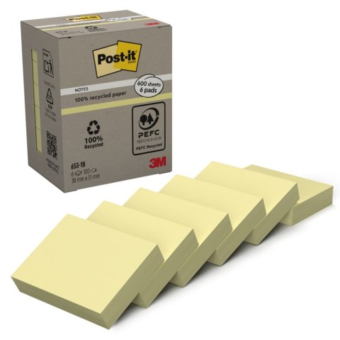 Karteczki samoprzylepne POST-IT® Recycled Notes (653-1B), 38x51mm, 6x100 kart., żółte