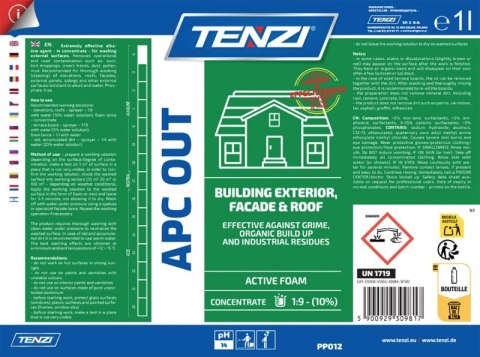 Koncentrat do mycia fasad, elewacji, tarasów TENZI, Apc Out, anglojęzyczna etykieta, 1l