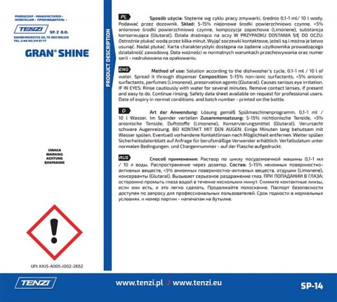 Koncentrat do nabłyszczania naczyń w zmywarkach TENZI, Gran Shine, 10l