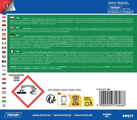 Koncentrat do usuwania śladów po gumie i oponach TENZI, Rubber Off, 10l