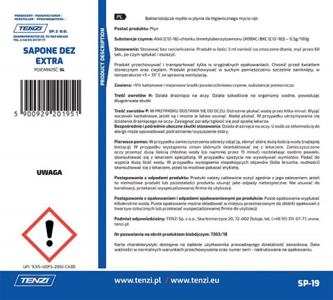 Mydło w płynie biobójcze TENZI, bezzapachowe, Sapone Dez Extra, 5l