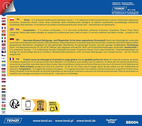 Neutralny płyn do mycia posadzek TENZI, Topefekt, zapach cytrusowy, Citro, 5l
