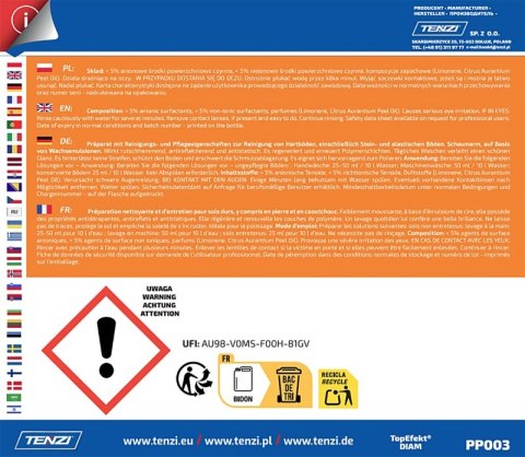 Płyn do mycia posadzek twardych i elastycznych TENZI, Topefekt Diam, 5l