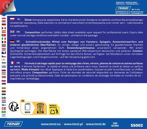 Płyn do mycia szyb i luster TENZI, Top Glass, 5l